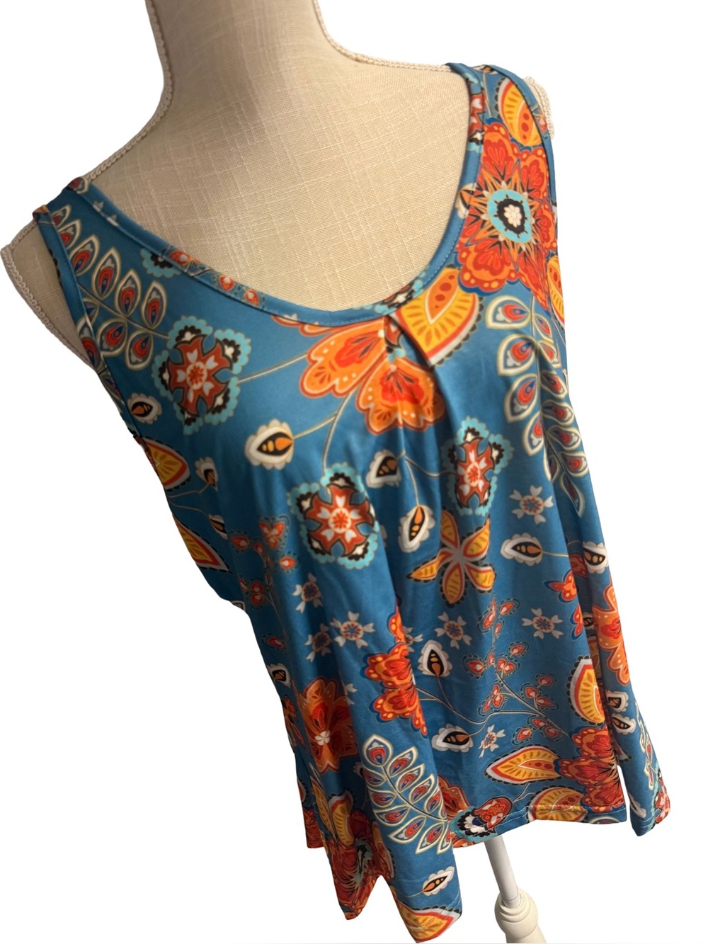 Blue Floral Printed Top - Women's Sleeveless Summer Top - Picture 2 of 6